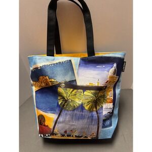 Lancome Riviera Collection Tote Bag Blue Yellow Mediterranean Postcard Graphic